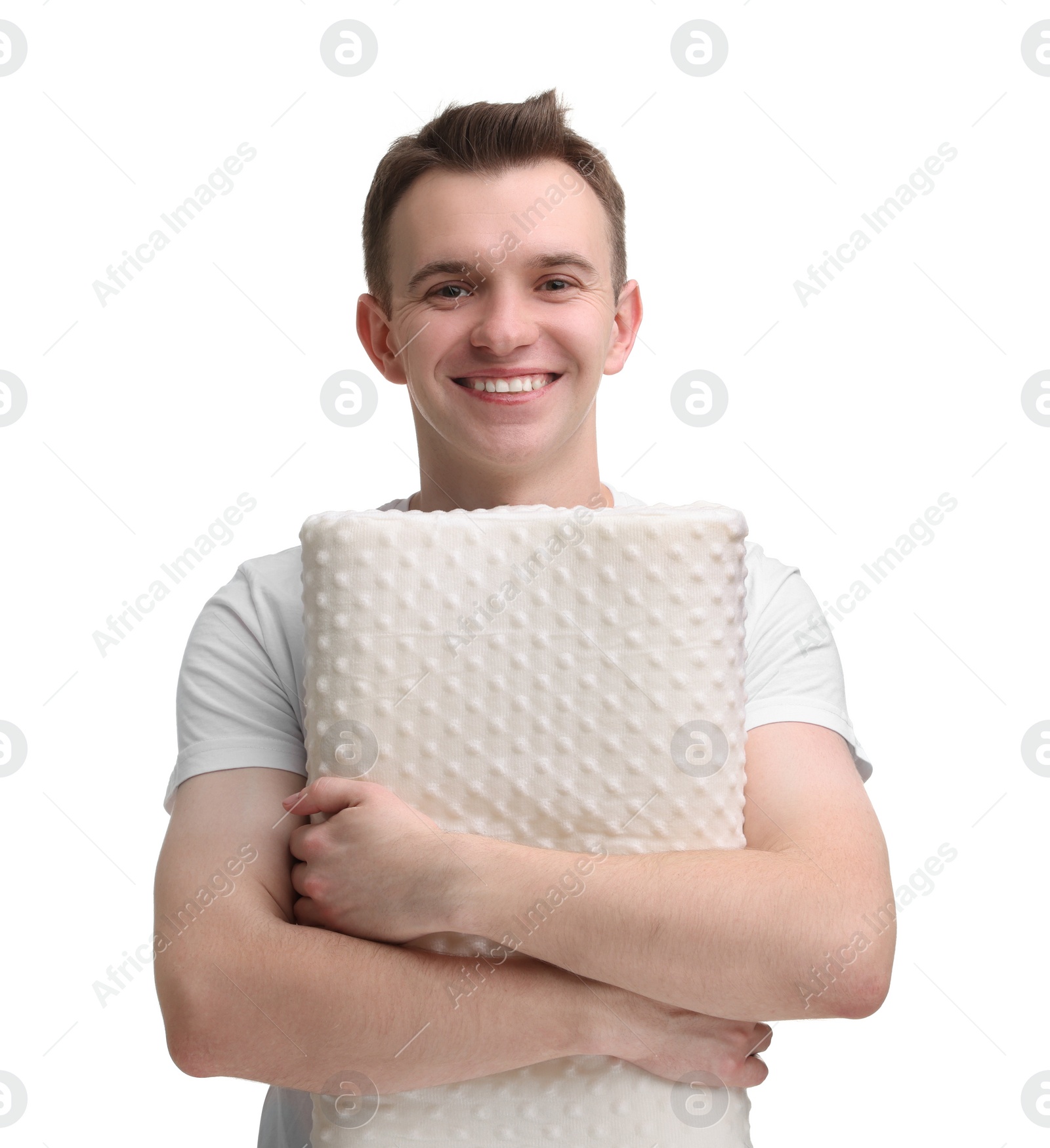 Photo of Man with orthopedic pillow on white background