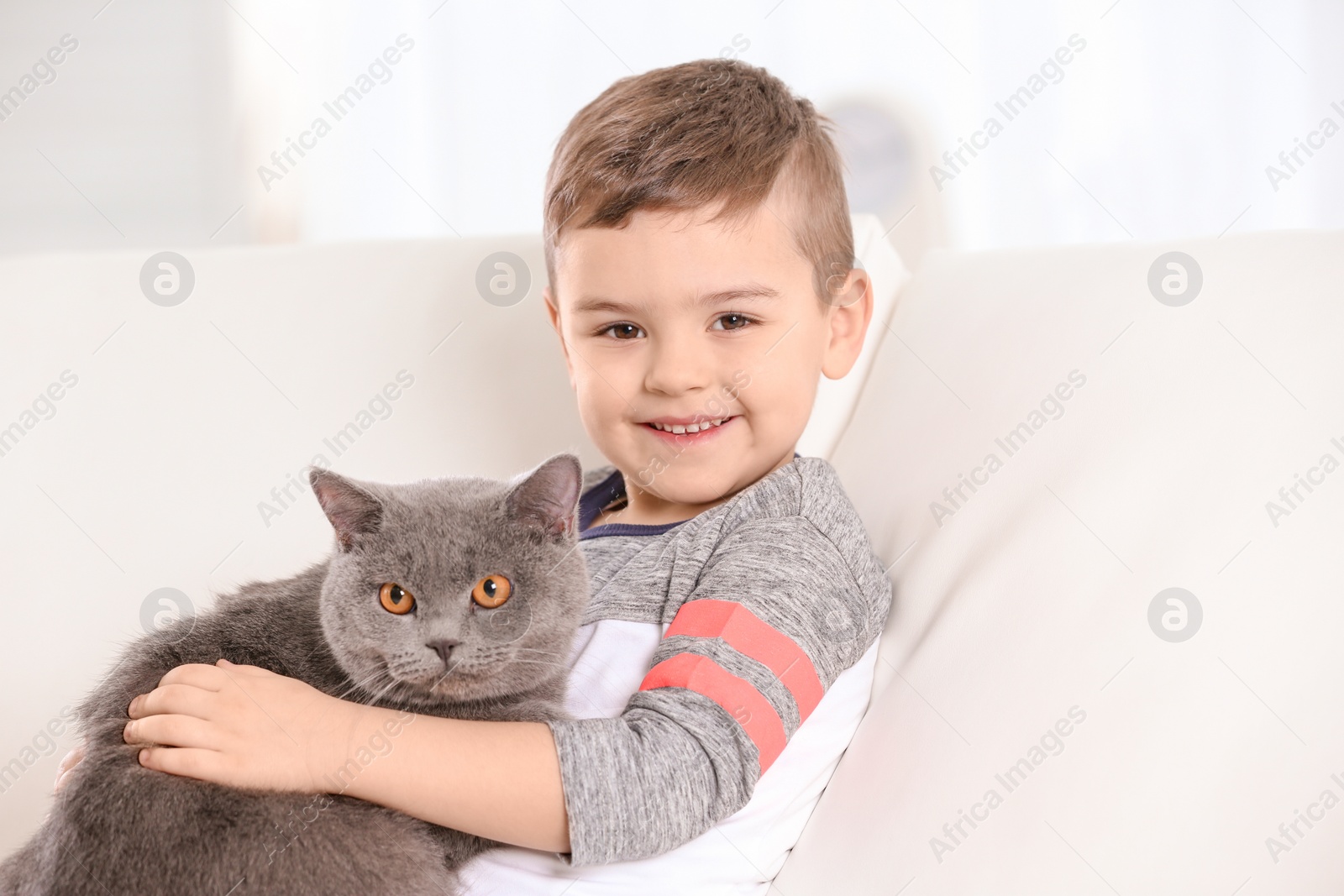 Photo of Cute little child with cat at home