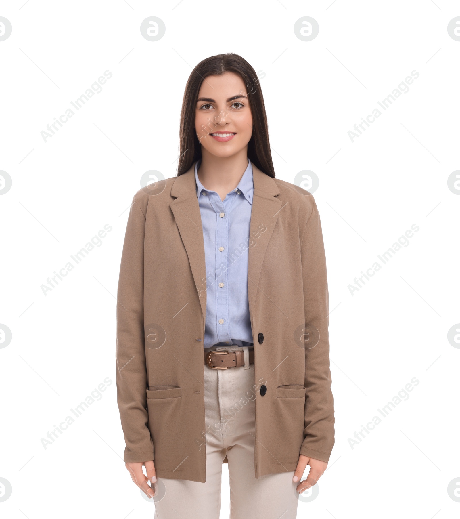 Photo of Beautiful happy businesswoman in suit on white background