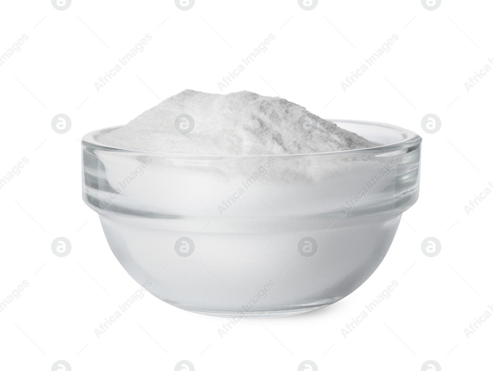 Photo of Baking soda in glass bowl isolated on white