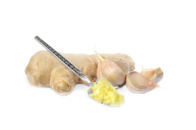 Photo of Fresh garlic and ginger isolated on white. Natural cold remedies