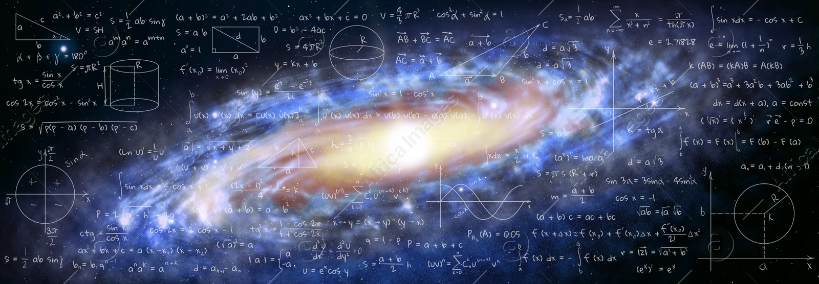 Illustration of  basic physics and mathematics formulas and galaxy in universe. Banner design