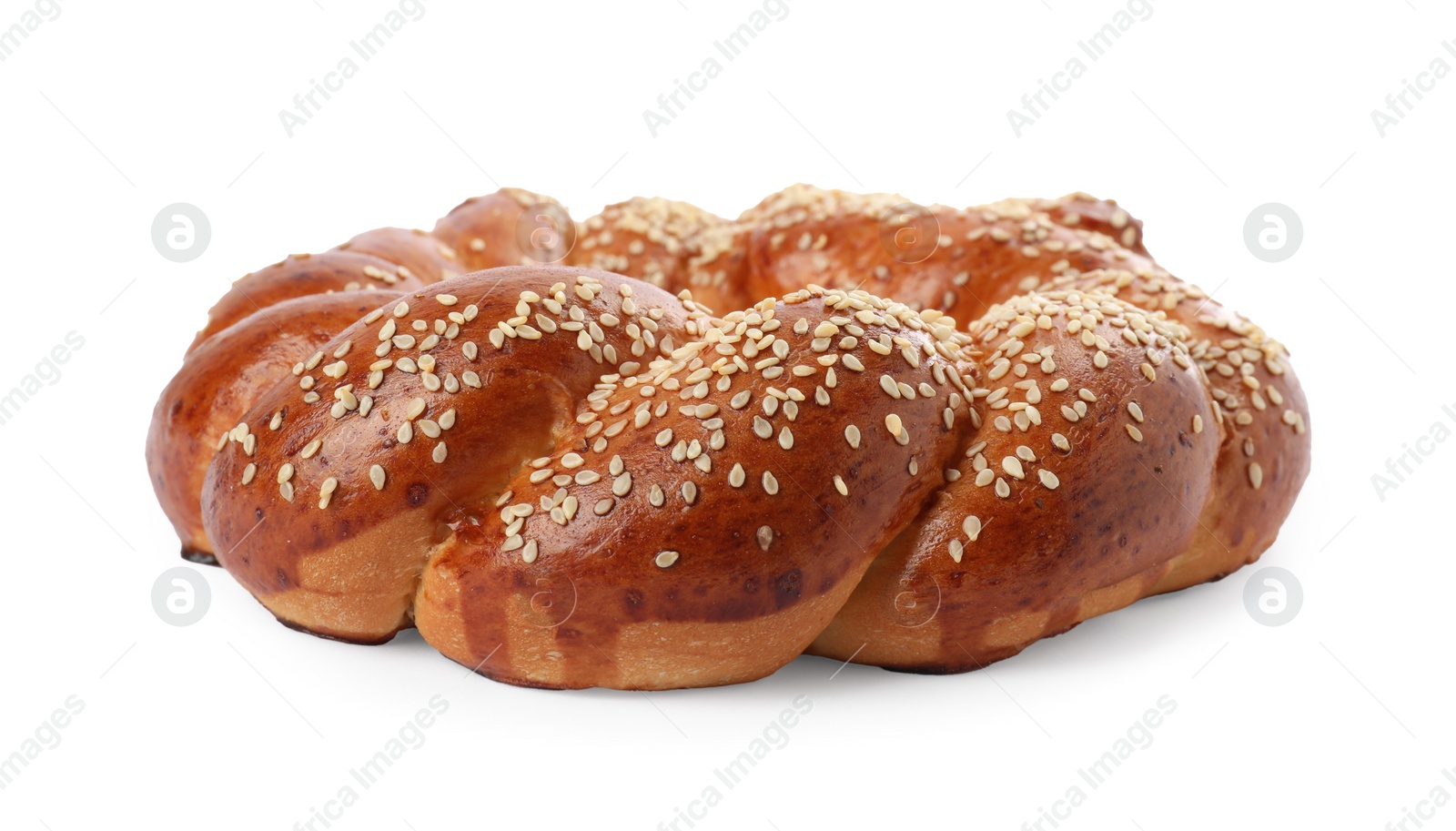 Photo of Round braided bread isolated on white. Fresh pastry