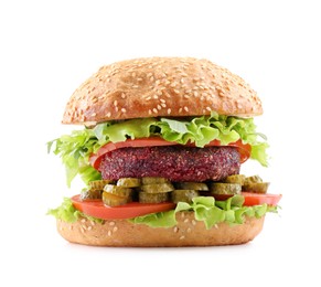 Vegetarian burger with delicious patty isolated on white