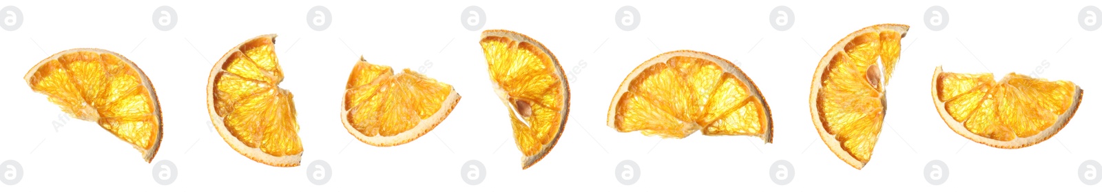 Image of Collage with dry orange slices on white background, banner design