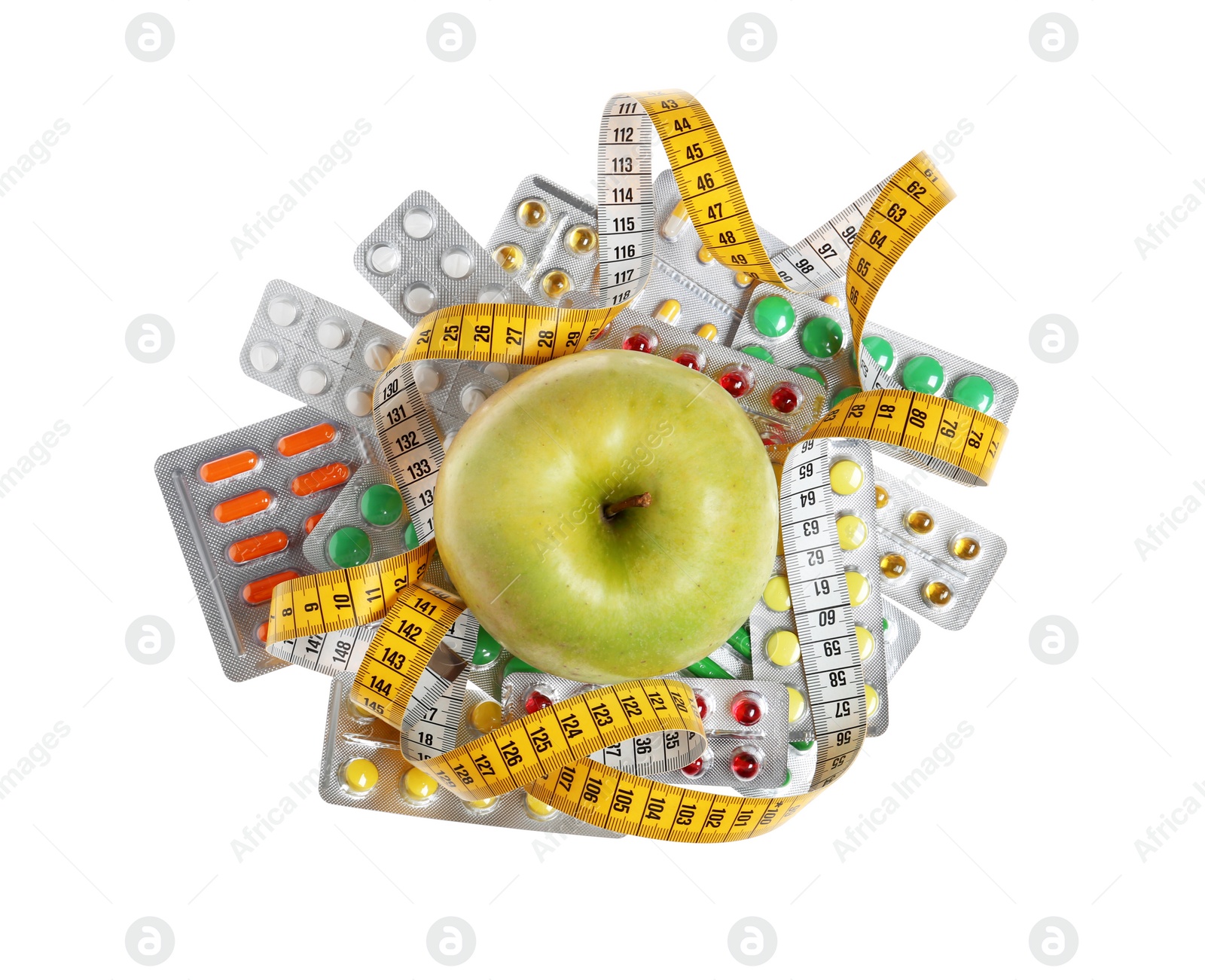 Photo of Weight loss pills in blister packs, apple and measuring tape on white background, top view