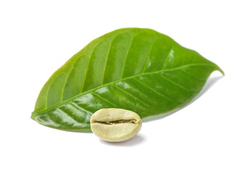 Photo of Green coffee bean and fresh leaf on white background