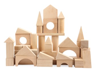 Building made of wooden blocks isolated on white. Children's toys