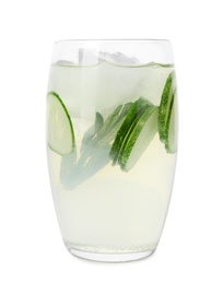 Photo of Glass of refreshing cucumber lemonade and rosemary on white background. Summer drink