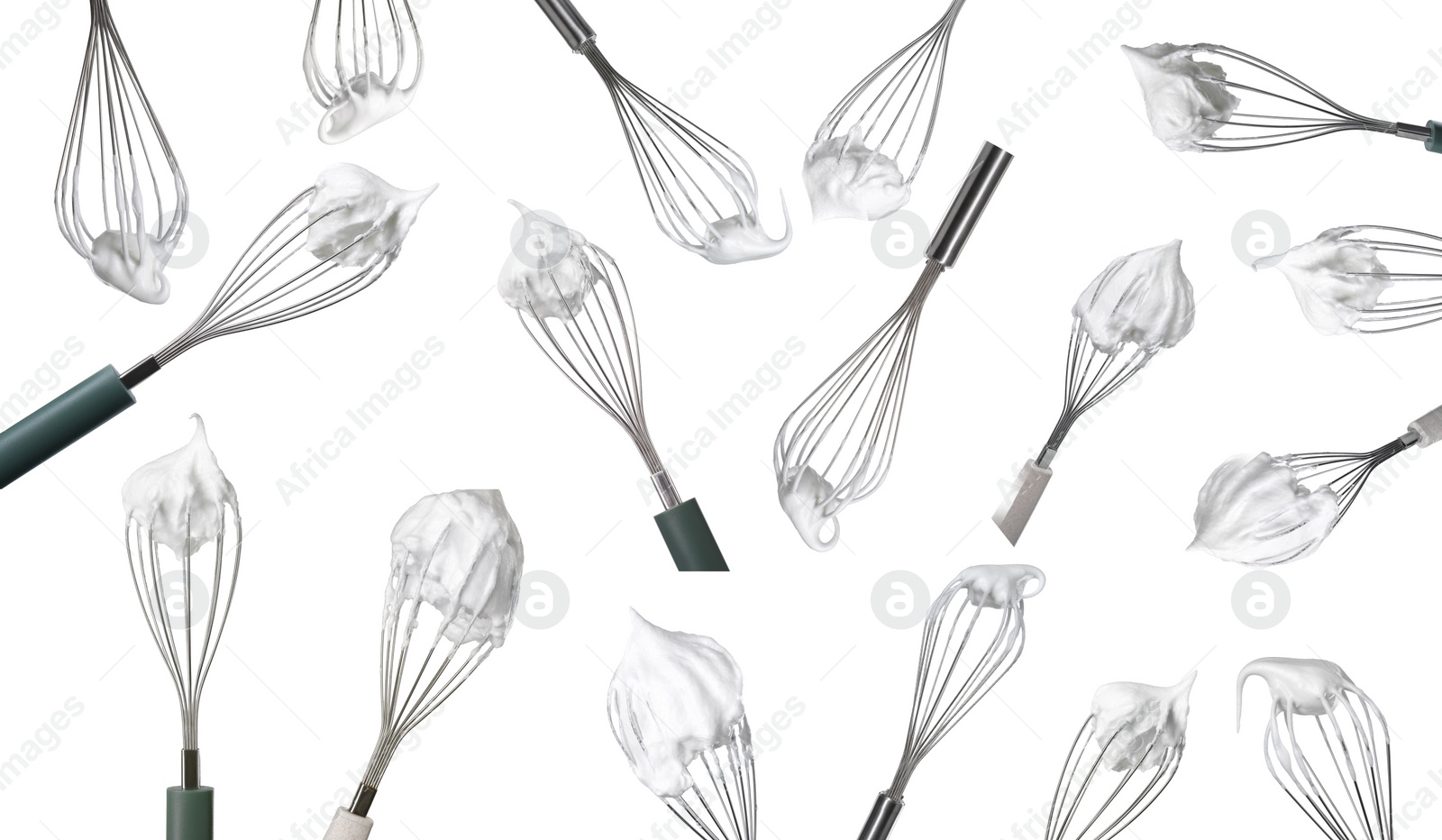 Image of Many different whisks with cream isolated on white, collection