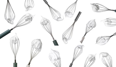 Many different whisks with cream isolated on white, collection