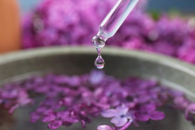 Dripping essential lilac oil into bowl, closeup