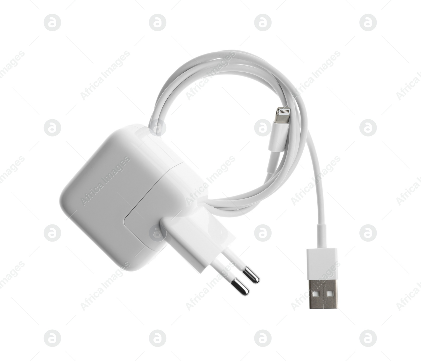 Photo of USB charger isolated on white, top view. Modern technology