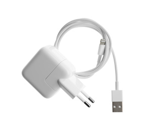 Photo of USB charger isolated on white, top view. Modern technology