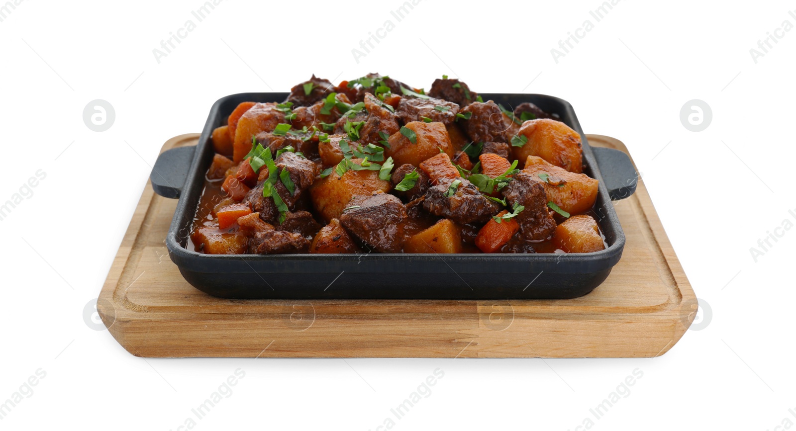 Photo of Delicious beef stew with carrots, parsley and potatoes on white background