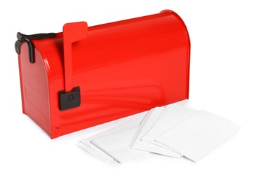 Photo of Red letter box and envelopes on white background