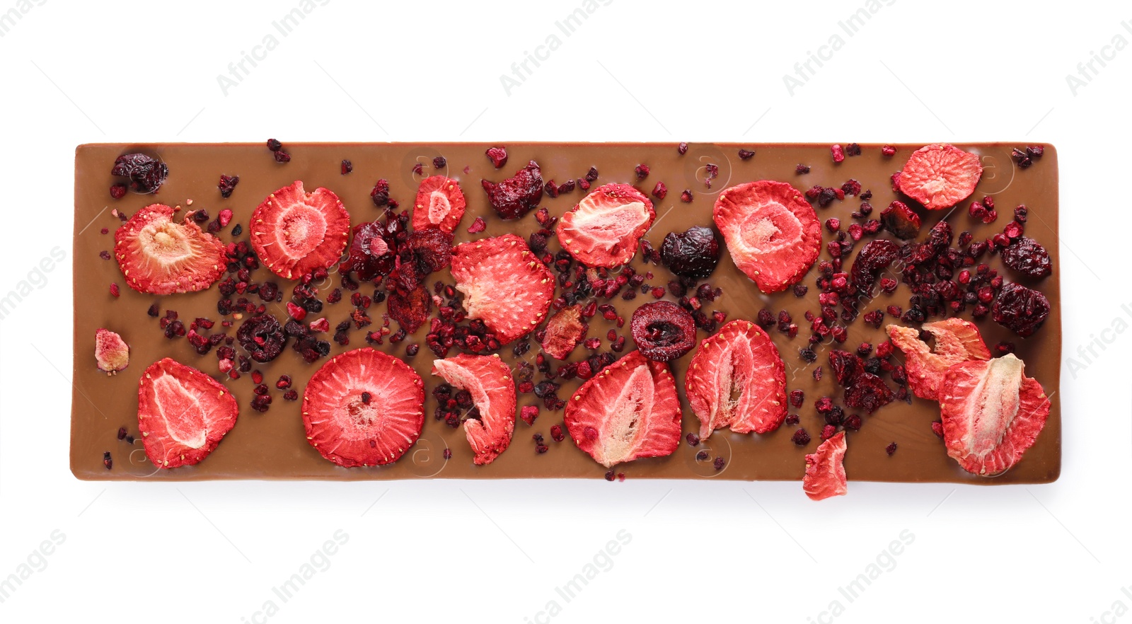 Photo of Chocolate bar with freeze dried berries isolated on white, top view