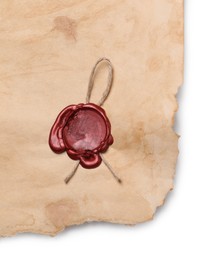 Sheet of old parchment paper with wax stamp on white background, top view. Space for text