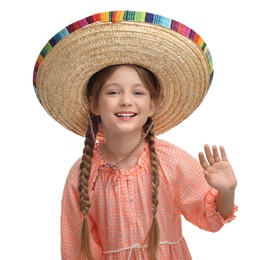 Photo of Cute girl in Mexican sombrero hat waving hello on white background