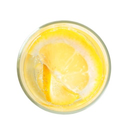 Photo of Soda water with lemon slices isolated on white, top view