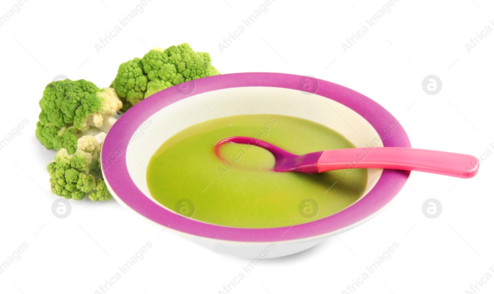 Photo of Plate with healthy baby food on white background