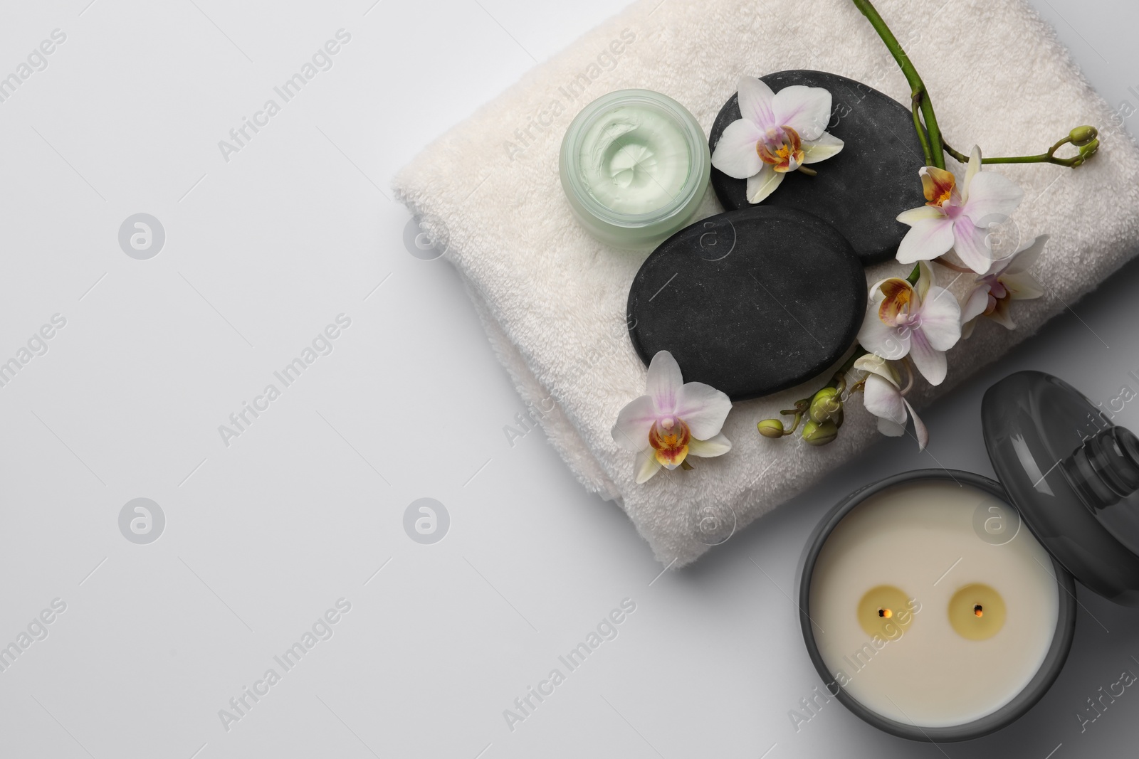 Photo of Flat lay composition with different spa products on white background. Space for text