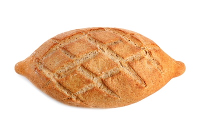 Photo of Loaf of fresh bread on white background, top view