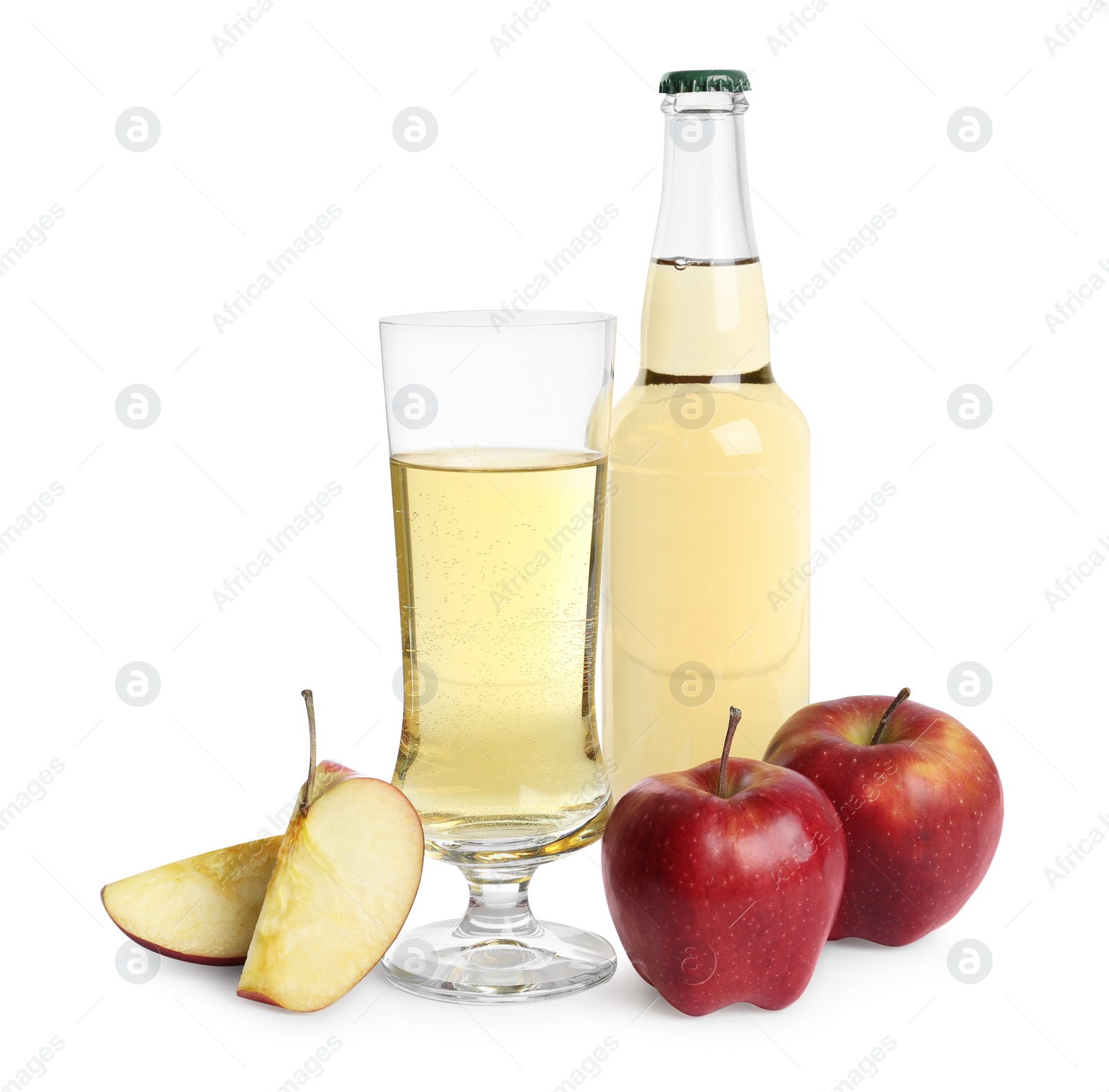 Photo of Delicious cider, whole and cut red apples isolated on white