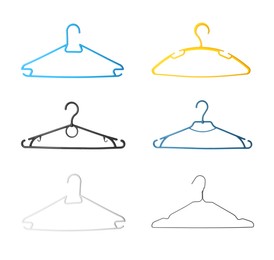 Image of Set with different empty hangers on white background