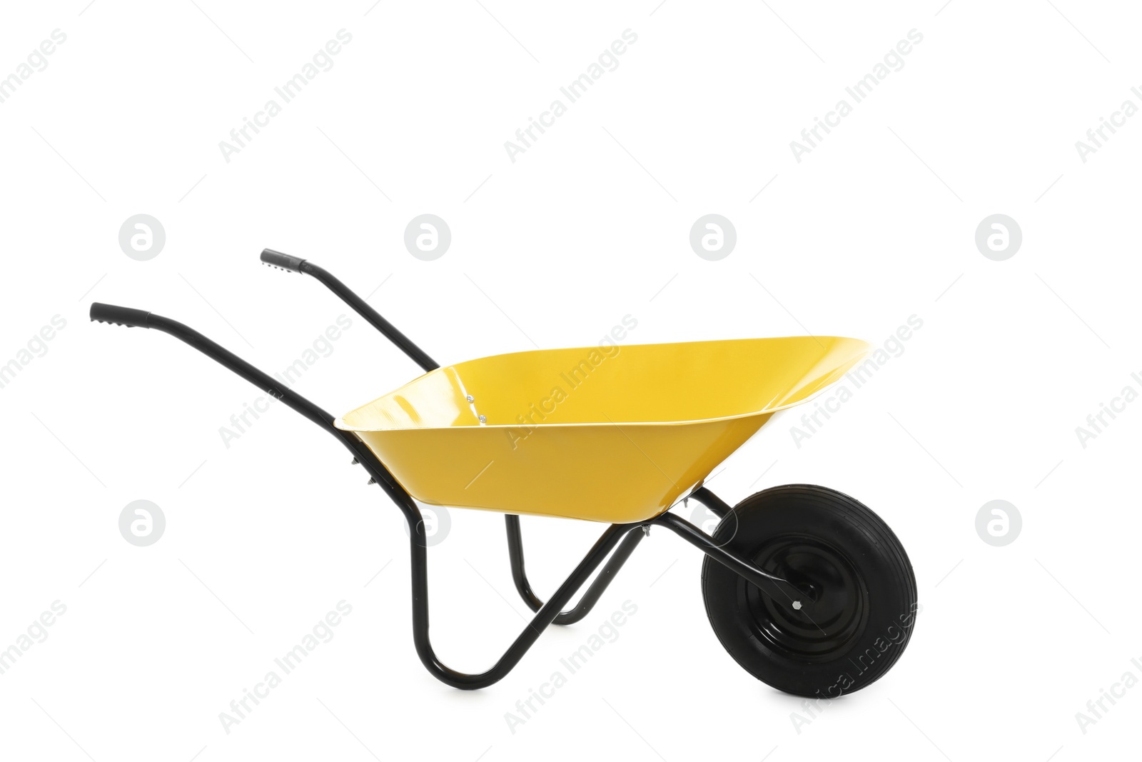 Photo of Color wheelbarrow isolated on white. Gardening tool