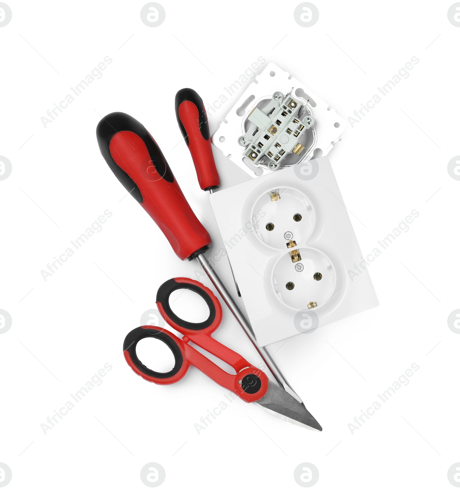 Photo of Set of sockets and electrician's tools isolated on white, top view