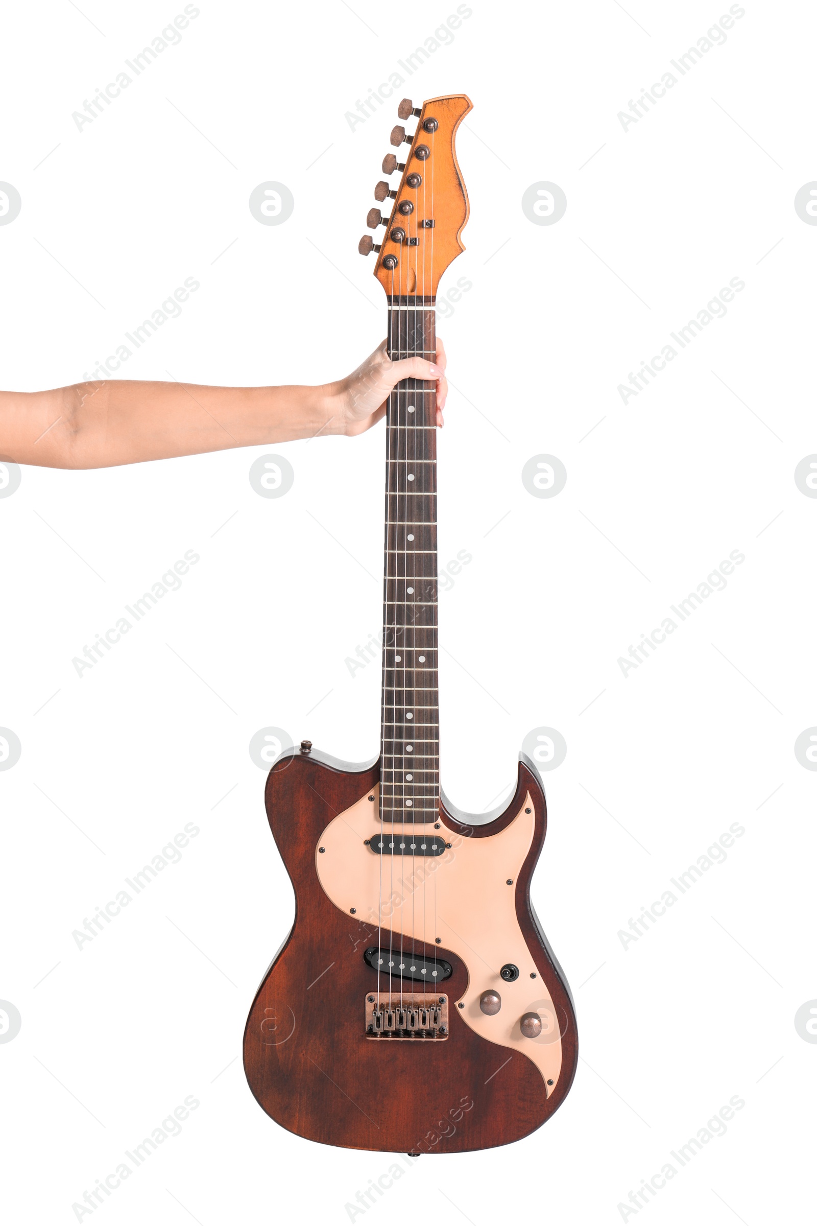 Photo of Woman holding electric guitar on white background, closeup