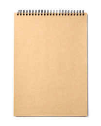 Stylish kraft notebook isolated on white, top view