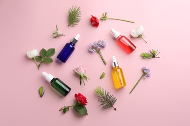 Aromatherapy. Different essential oils, flowers and fir twigs on pink background, flat lay