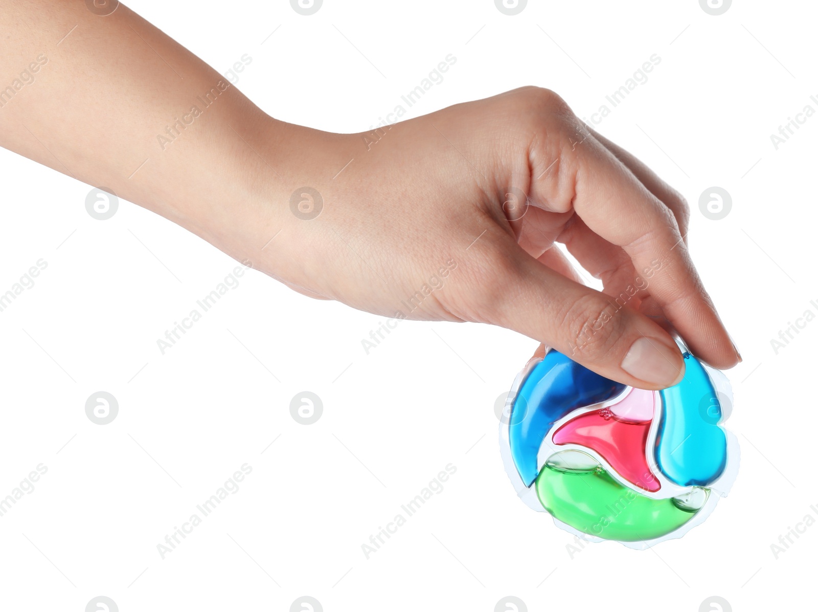 Photo of Woman holding laundry capsule on white background, closeup