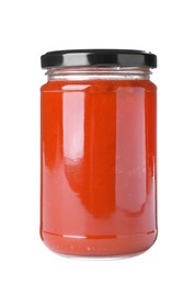 Delicious rowan jam in glass jar on white background