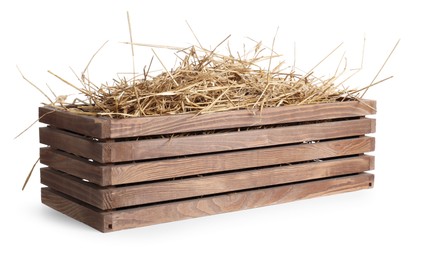 Dried straw in wooden crate isolated on white