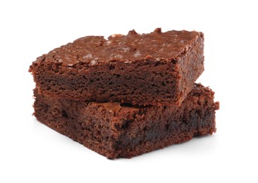 Delicious chocolate brownies on white background. Tasty dessert