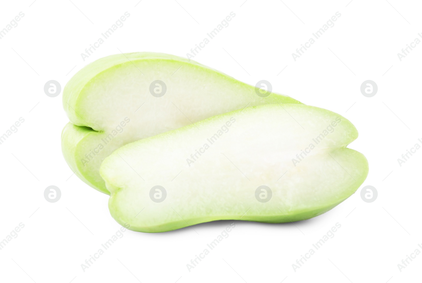 Photo of Halves of fresh green chayote isolated on white