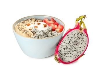 Photo of Bowl of granola with pitahaya, banana, strawberries and yogurt on white background