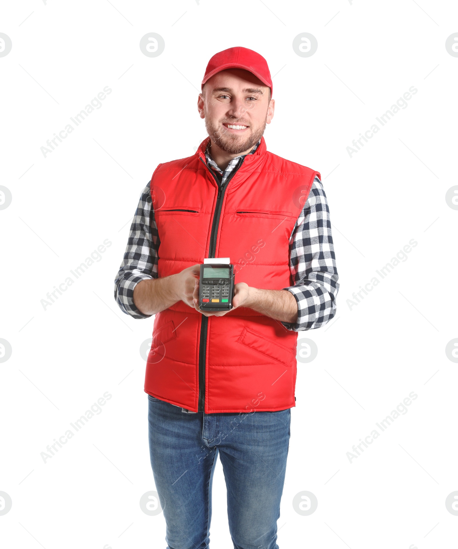 Photo of Smiling courier holding payment terminal isolated on white