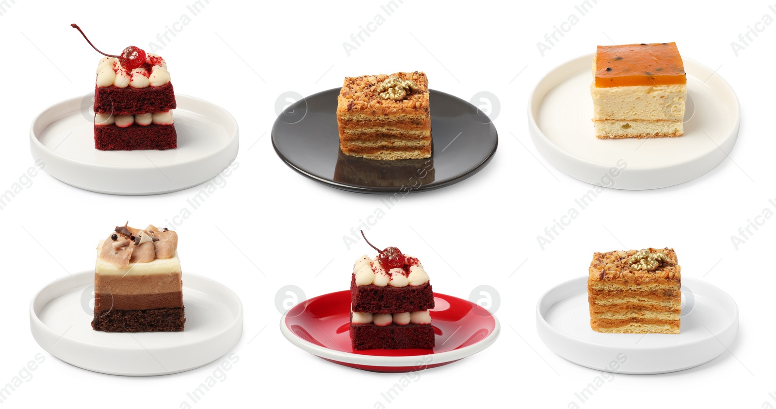 Image of Set with different tasty cakes isolated on white