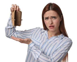 Photo of Confused woman with empty wallet on white background