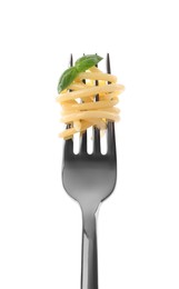 Photo of Fork with tasty pasta and basil isolated on white