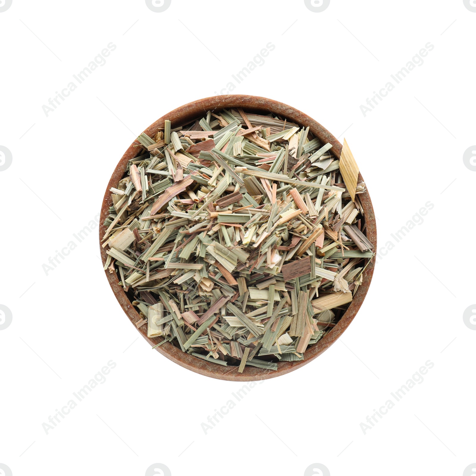 Photo of Wooden bowl of aromatic dried lemongrass isolated on white, top view
