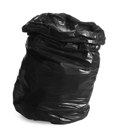 Photo of Black trash bag full of garbage isolated on white