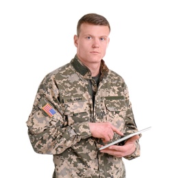 Male soldier using tablet computer on white background. Military service