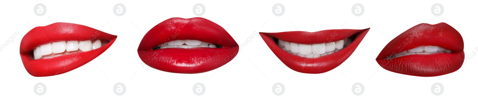 Image of Attractive lips with beautiful lipsticks isolated on white, collage. Banner design