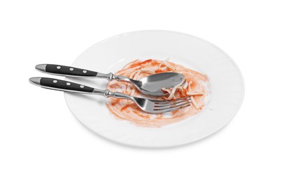 Photo of Dirty plate and cutlery on white background