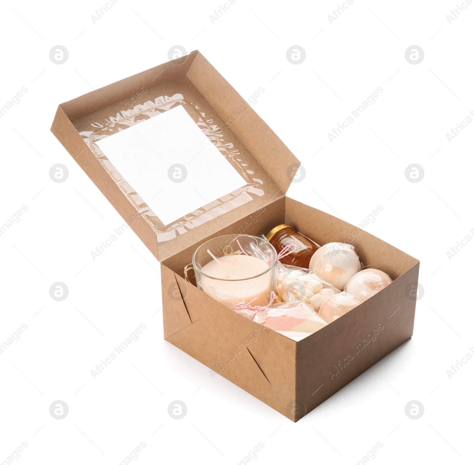 Photo of Stylish gift set in box isolated on white